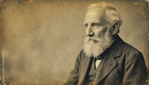 Vintage black and white photo of a man in a suit, with a concentrated expression on his face. Sepia, aging effect, scuffs. The atmosphere of the past, retro style, historical surroundings.