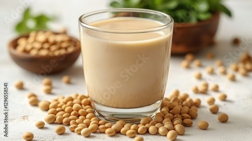 Soy milk in glass with soy beans on white surface photo