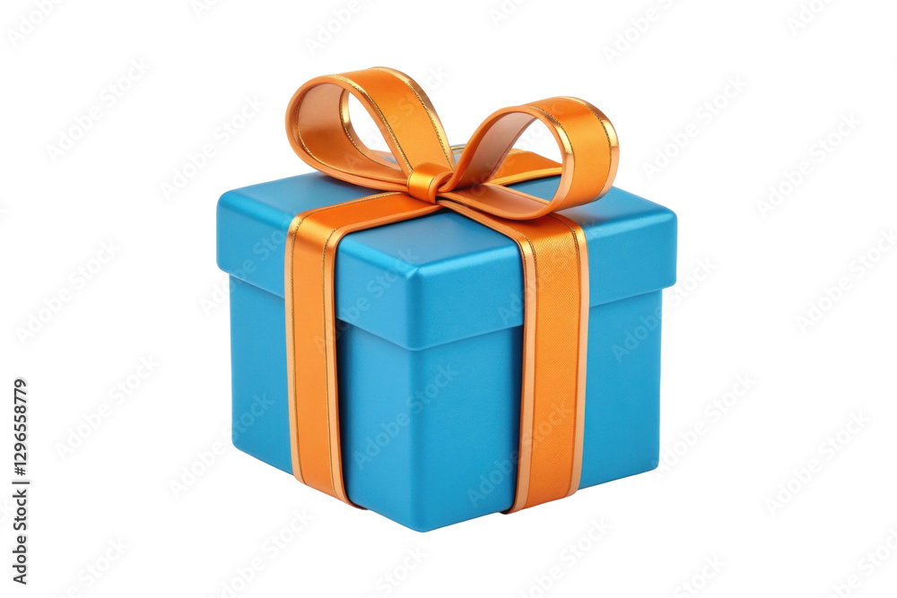 Obraz premium Gift box with blue wrapping and orange ribbon suitable for birthday celebration and special occasions, cut out
