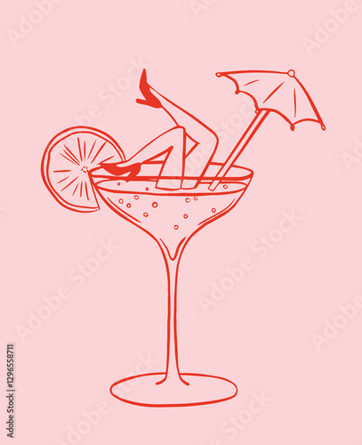 Cocktail girl in Martini glass celebration illustration. Whimsical line art.