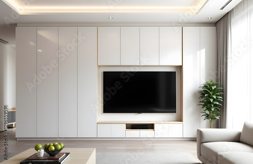 A Tv cabinet design with white color built in cupboard.