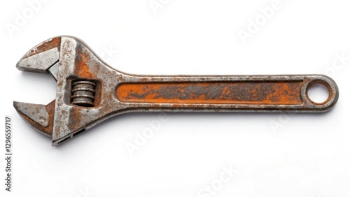 a rusty adjustable wrench, close-up on a blank background 