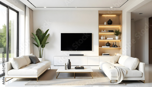 A Modern living room with white color built-in Wall Paneling and tv cabinet.