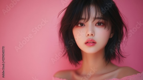 Wallpaper Mural An Asian woman with short hair and a radiant smile stands gracefully against a pink background. This image embodies natural beauty, skincare, and the calming essence of spa therapy. Torontodigital.ca