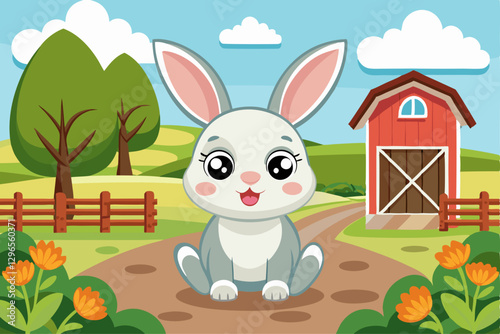 Charming Cartoon Bunny in a Vibrant Farm Scene with Barn and Flowers