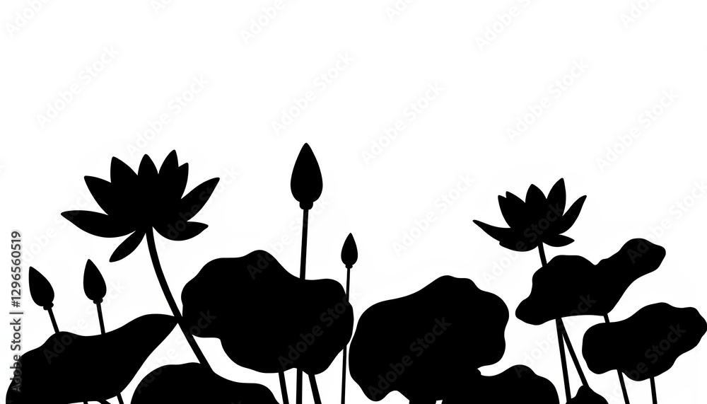 Obraz premium Blossoming lotus flowers in serene silhouette on white background, tranquility