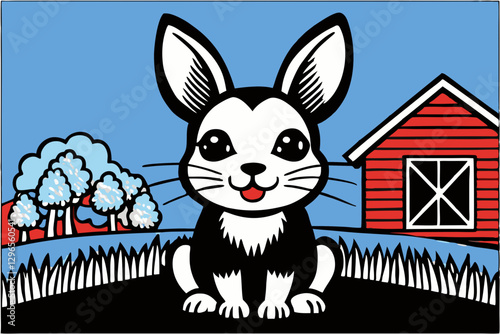 Cute Cartoon Bunny in Farmyard Setting with Red Barn and Trees Background