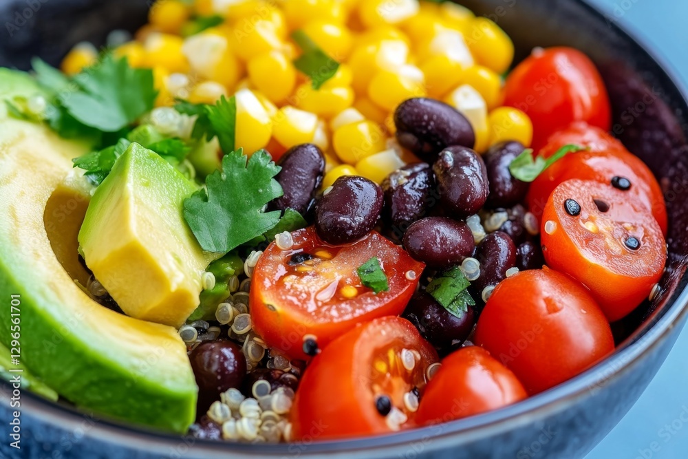 A healthy quinoa and black bean salad with avocado, corn, and cherry tomatoes, served in a ceramic bowl A healthy quinoa and black bean salad with avocado, corn, and cherry tomatoes, served in a ceramic bowl