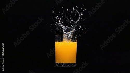 A glass of fresh orange juice with splashes frozen in mid-air,