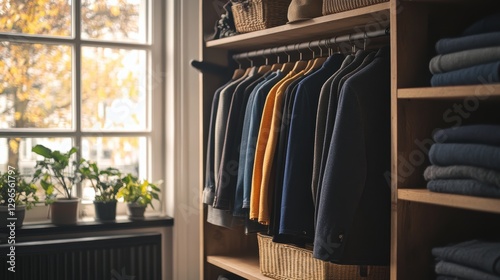Cozy Interior of a Modern Closet Showcasing Stylish Outerwear and Indoor Plants by the Window