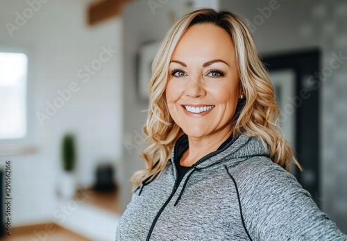 Cheerful Young Woman Smiling in Casual Athletic Wear in a Modern Indoor Living Space