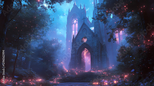 Mystical circle particle like fireflies in diverse environments from forests to fairy-tale castles. Luminous Cosmic Cathedral. Illustration photo