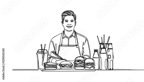 Continuous one single minimal line drawing restaurant worker