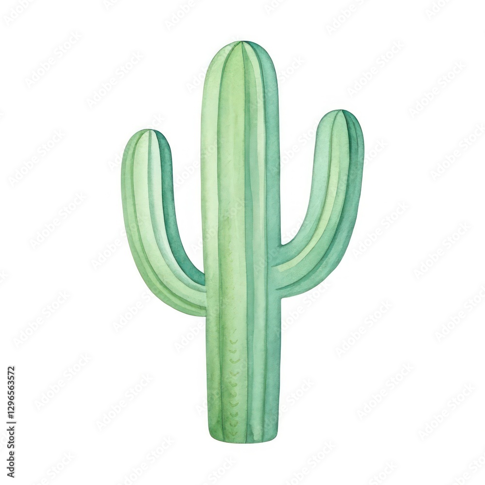 a single cactus with three arms in a watercolor style. the cactus is green with deep green stripes, and is standing tall on a white background a single cactus with three arms in a watercolor style. the cactus is green with deep green stripes, and is standing tall on a white background