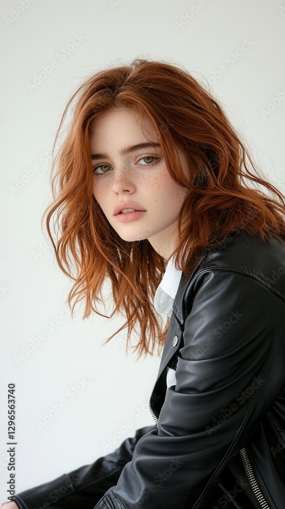 Fototapeta premium A woman with red hair is wearing a black leather jacket