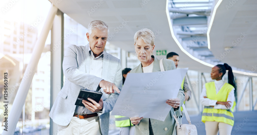 Obraz premium Business people, blueprint and tablet for architecture, talking and planning with engineer group, partner and analysis. CEO man, women and paperwork with pointing, advice or questions for property