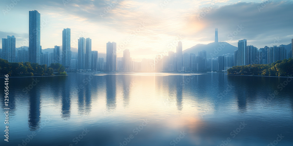 Fototapeta premium Modern City, Panoramic View. Sunset over the City and River