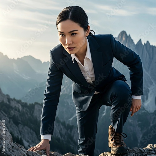 Confident Determined  Asian Businesswoman Climbing Mountain in Business Suit, Concept: Success, determination, Struggle,  achievement prosperity