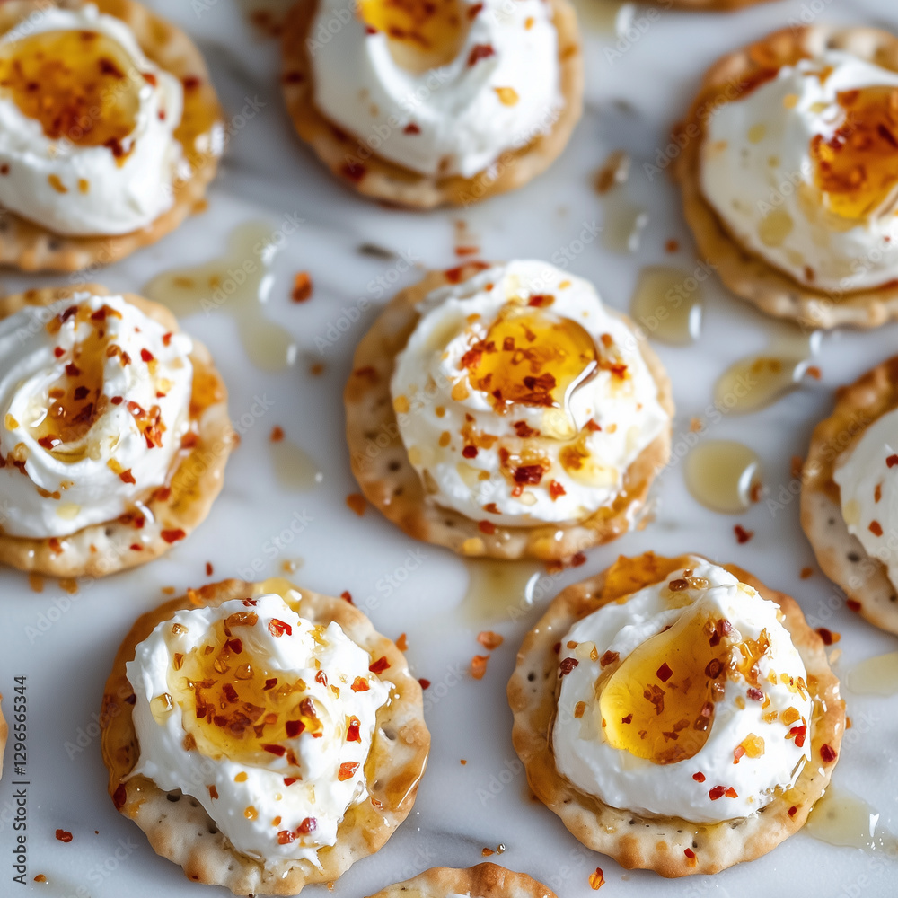 Mini crackers topped with cream cheese, honey and sprinkled with chili flakes Mini crackers topped with cream cheese, honey and sprinkled with chili flakes
