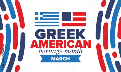 Greek American Heritage Month. Greece and United States flag. Greek blue color. Happy holiday celebrate in March. Culture month. Patriotic design. Poster, card, banner, template. Vector illustration