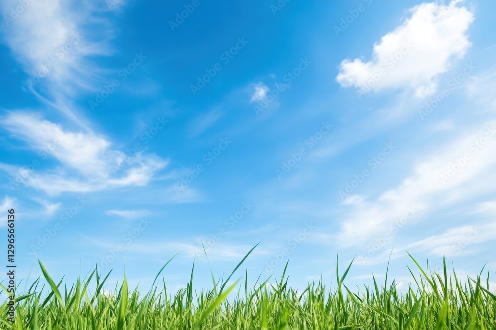 Vibrant green grass sways gently under a bright blue sky adorned with fluffy white clouds. Vibrant green grass sways gently under a bright blue sky adorned with fluffy white clouds.