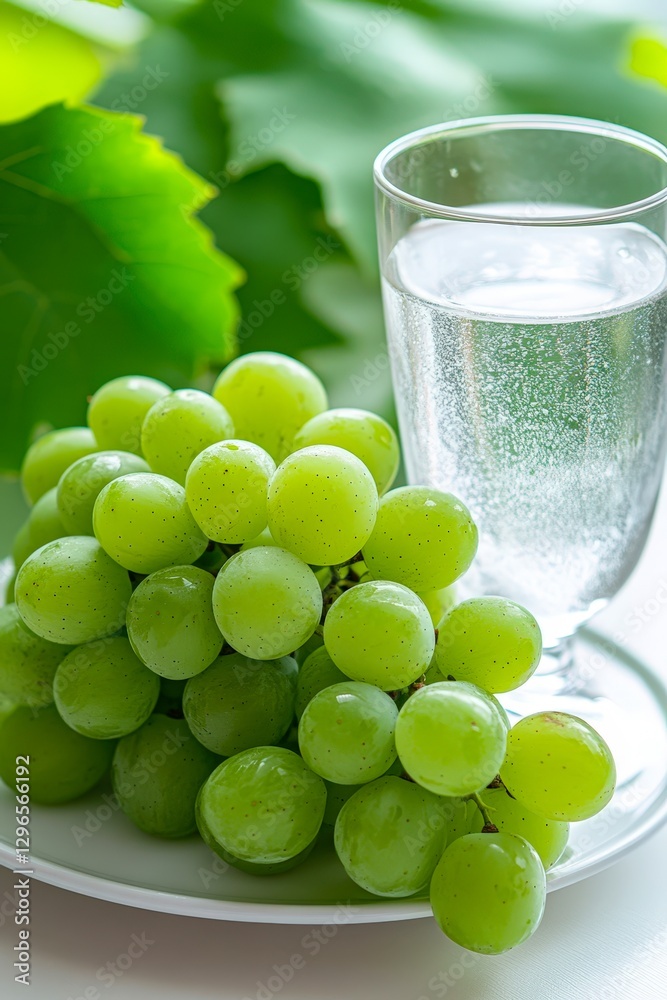 Fresh green grapes arranged beside a glass of sparkling water against a backdrop of green leaves, Ideal for health, nutrition, and wellness content, this image captures freshness and vitality, Fresh green grapes arranged beside a glass of sparkling water against a backdrop of green leaves, Ideal for health, nutrition, and wellness content, this image captures freshness and vitality,