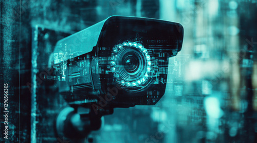 Blue-toned surveillance camera with textured background. photo