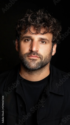 A man with a beard and a mustache is wearing a black shirt and jacket