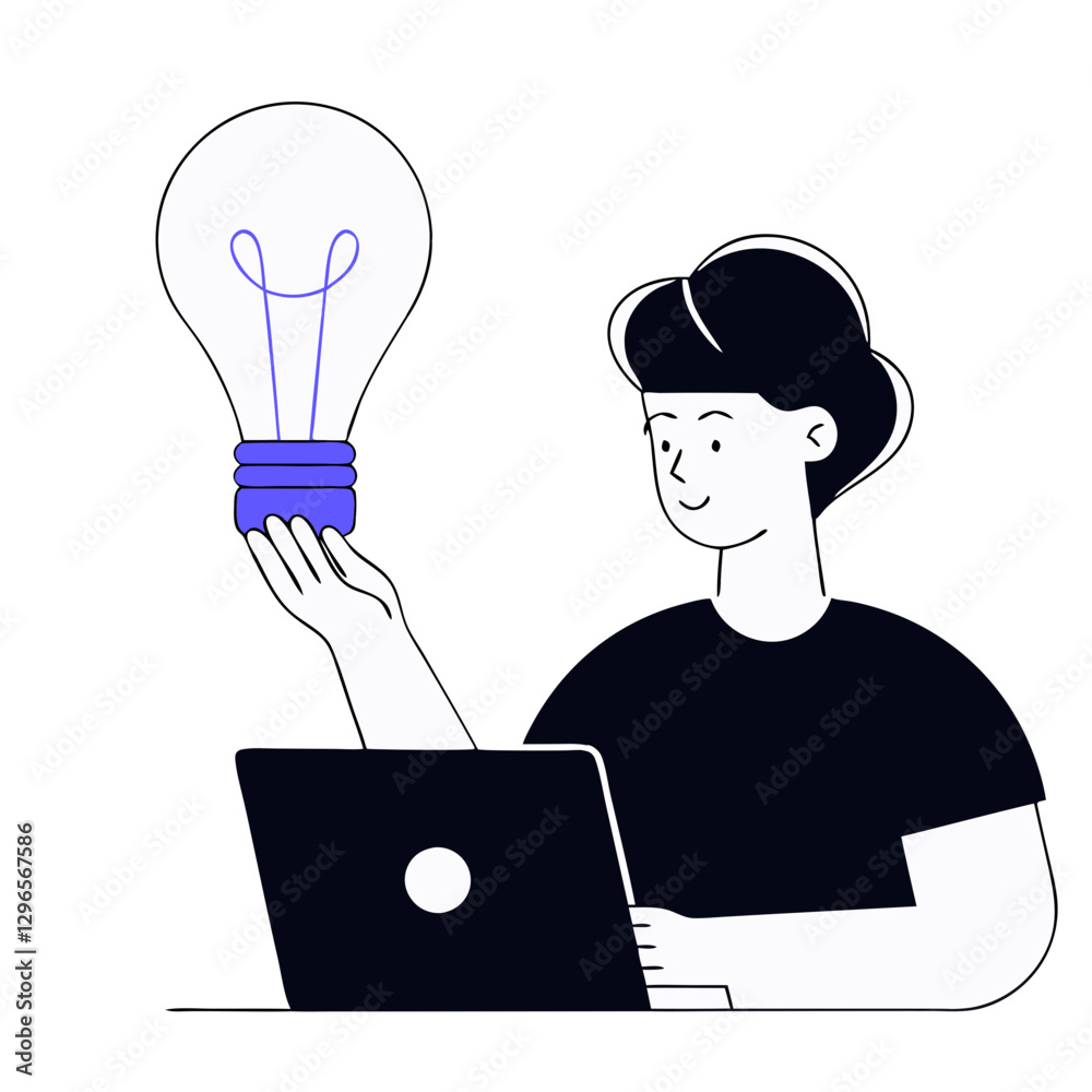 An individual sits at a laptop, engaging in creative thought while holding a light bulb high. This symbolizes the moment of inspiration and innovation. The setting suggests a focus on work and ideas An individual sits at a laptop, engaging in creative thought while holding a light bulb high. This symbolizes the moment of inspiration and innovation. The setting suggests a focus on work and ideas