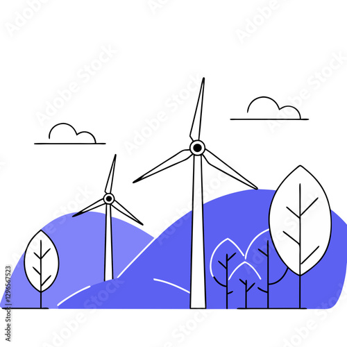 Lush green hills host several windmills, actively generating renewable energy. The blue sky is dotted with fluffy clouds, enhancing the peaceful ambiance of this ecological setting