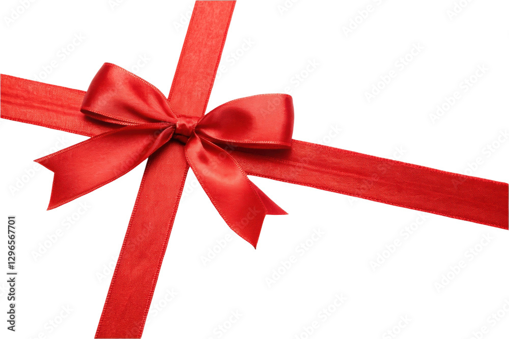 Red ribbon decoration on gift package for special occasions and celebrations with elegant bow, cut out Red ribbon decoration on gift package for special occasions and celebrations with elegant bow, cut out