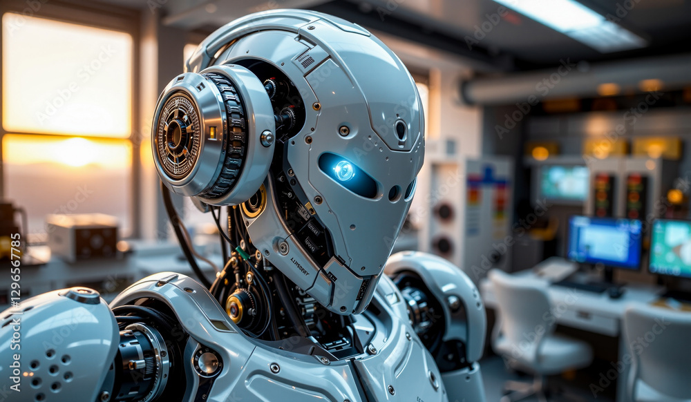 Fototapeta premium a robot sitting on top of a table in front of a computer monitor screen