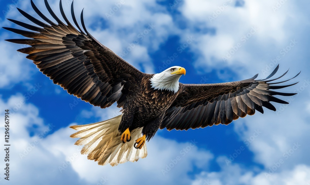 majestic eagle soaring through a dramatic cloudy sky, its wings outstretched with incredible detail, capturing the essence of strength and freedom