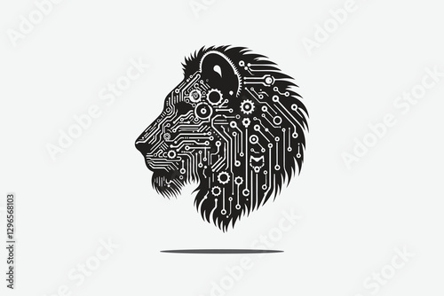 Tiger front head looks left and is made out of circuitry and gears 