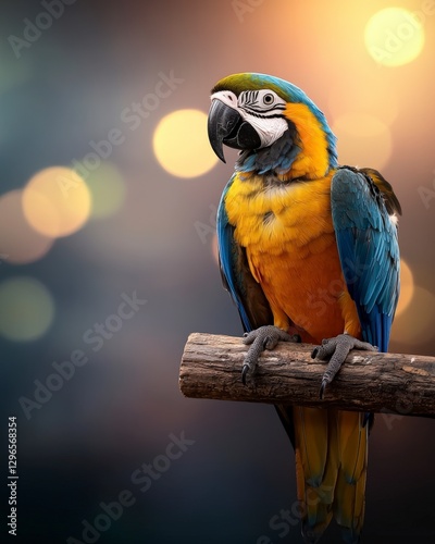 Vibrant Macaw Perched on a Branch Against a Soft Glow Background