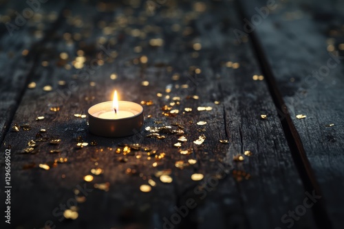 A single lit tealight candle on a dark wooden surface with scattered golden confetti.