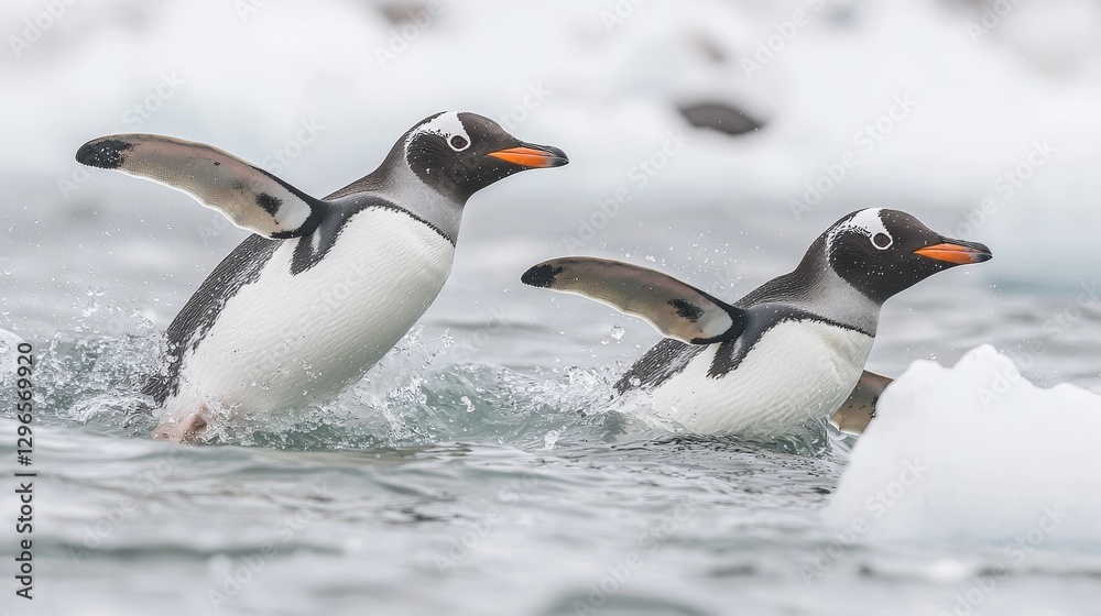 Fototapeta premium Penguins swimming together in icy waters antarctica wildlife photography natural habitat close-up view playfulness