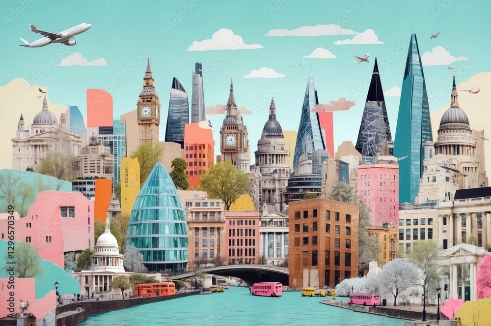 Naklejka premium Colorful illustration of London's skyline showcasing iconic buildings and dynamic urban elements during a bright day