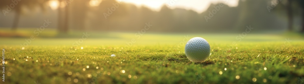 Closeup a white golf ball on green golf course with sunlight. AI generated image Closeup a white golf ball on green golf course with sunlight. AI generated image