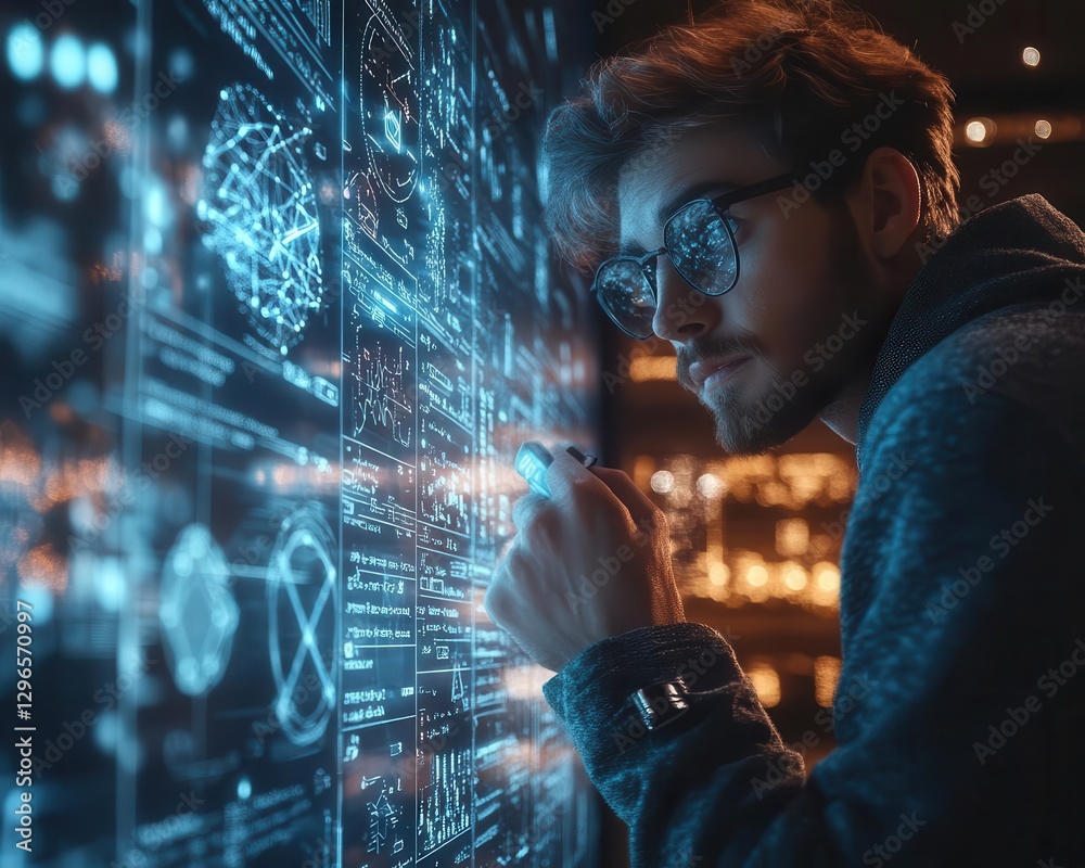 Fototapeta premium A personal tutor teaching math through a holographic chalkboard in a futuristic study room, Tutoring, SciFi, Clean and educational
