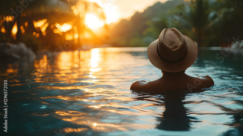 Obraz na płótnie A stunning photography of a man lounging by a luxurious infinity pool, wearing a lightweight linen outfit and a fedora hat, with a tropical palm tree backdrop and golden sunlight reflecting w salonie