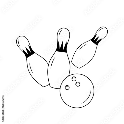 Line illustration of bowling pins with ball on white background. Bowling game. For designs team sports and outdoor activity themes.