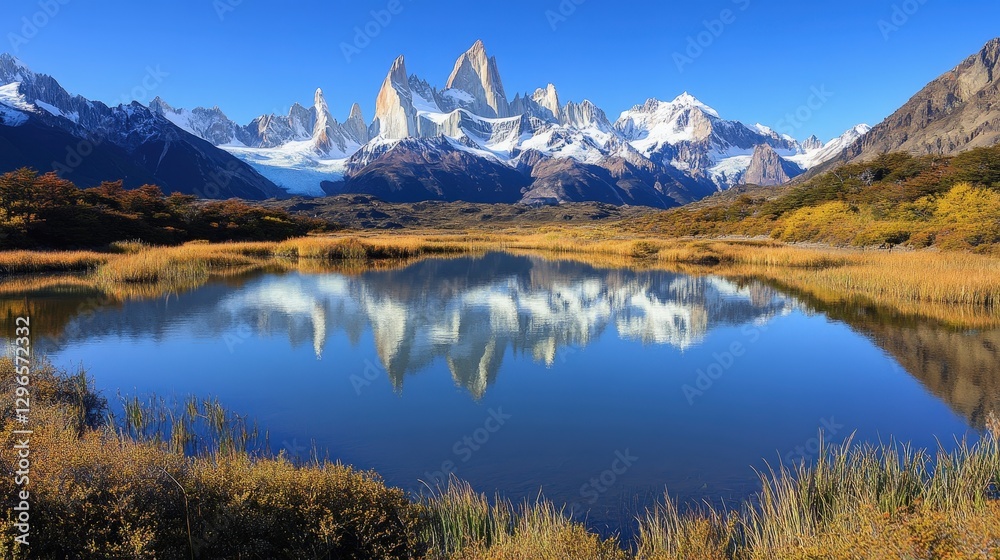 Obraz premium Majestic Mountain Vista: A breathtaking panorama unfolds as snow-capped mountains stand tall, their peaks reflected serenely in the mirror-like surface of a pristine lake, under a clear, cerulean sky.