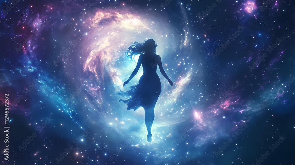 Ethereal cosmic goddess figure emerging from swirling galaxy silhouette composed of stars and nebulae radiating otherworldly energy. Ethereal Star Goddess. Illustration