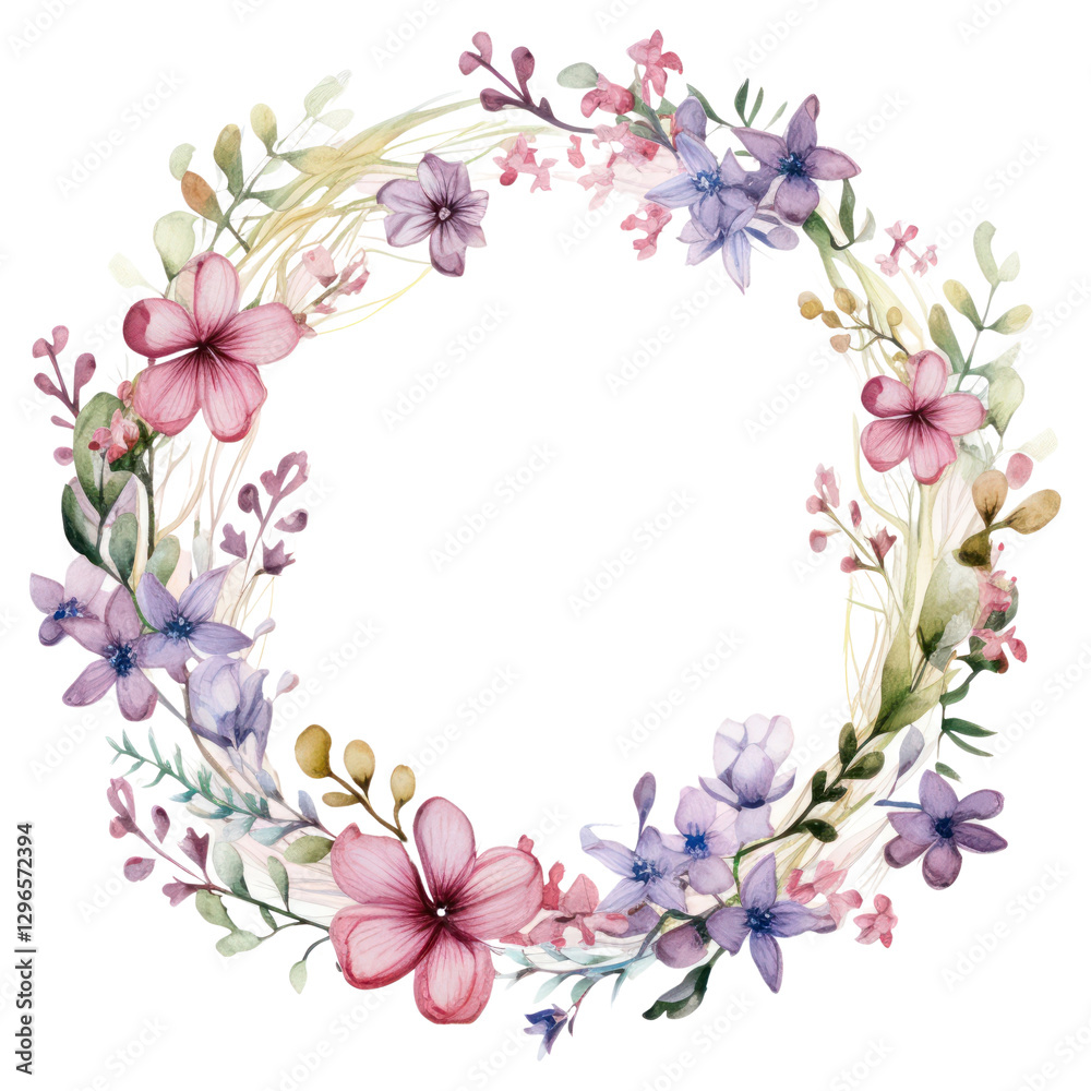 Fototapeta premium PNG Wild flower border watercolor pattern circle wreath.