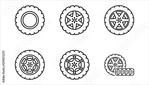 Car wheel icons set. Black wheel tires silhouette. For web design, isolated on white background.