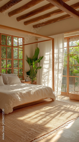 Bright and airy bedroom with a four-poster bed, natural light, and minimalist decor. photo