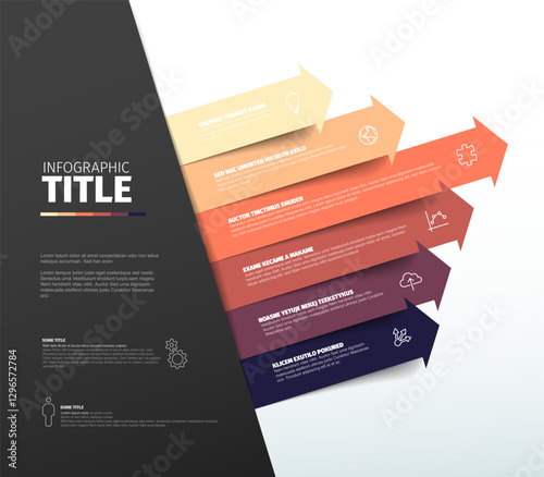 A modern infographic with colorful horizontal arrows, highlighting six sections with icons. The left side contains text placeholders for information related to each section.