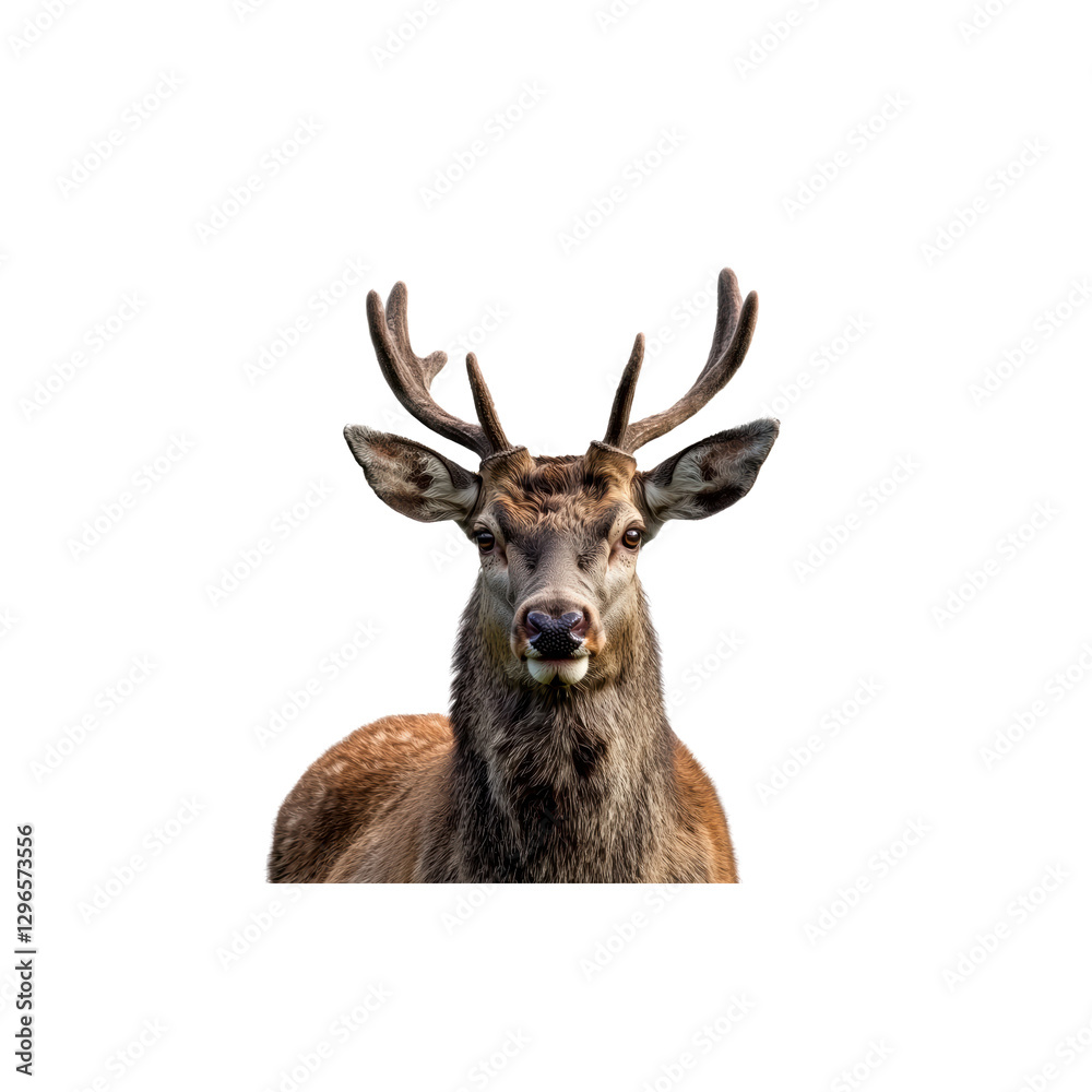 Close-Up of Majestic Deer with Antlers Against White Background