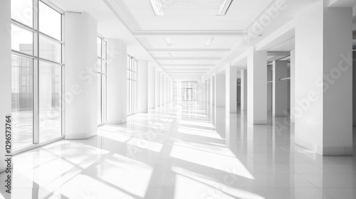 Empty modern white office hallway with large windows. Suitable for commercial or architectural use